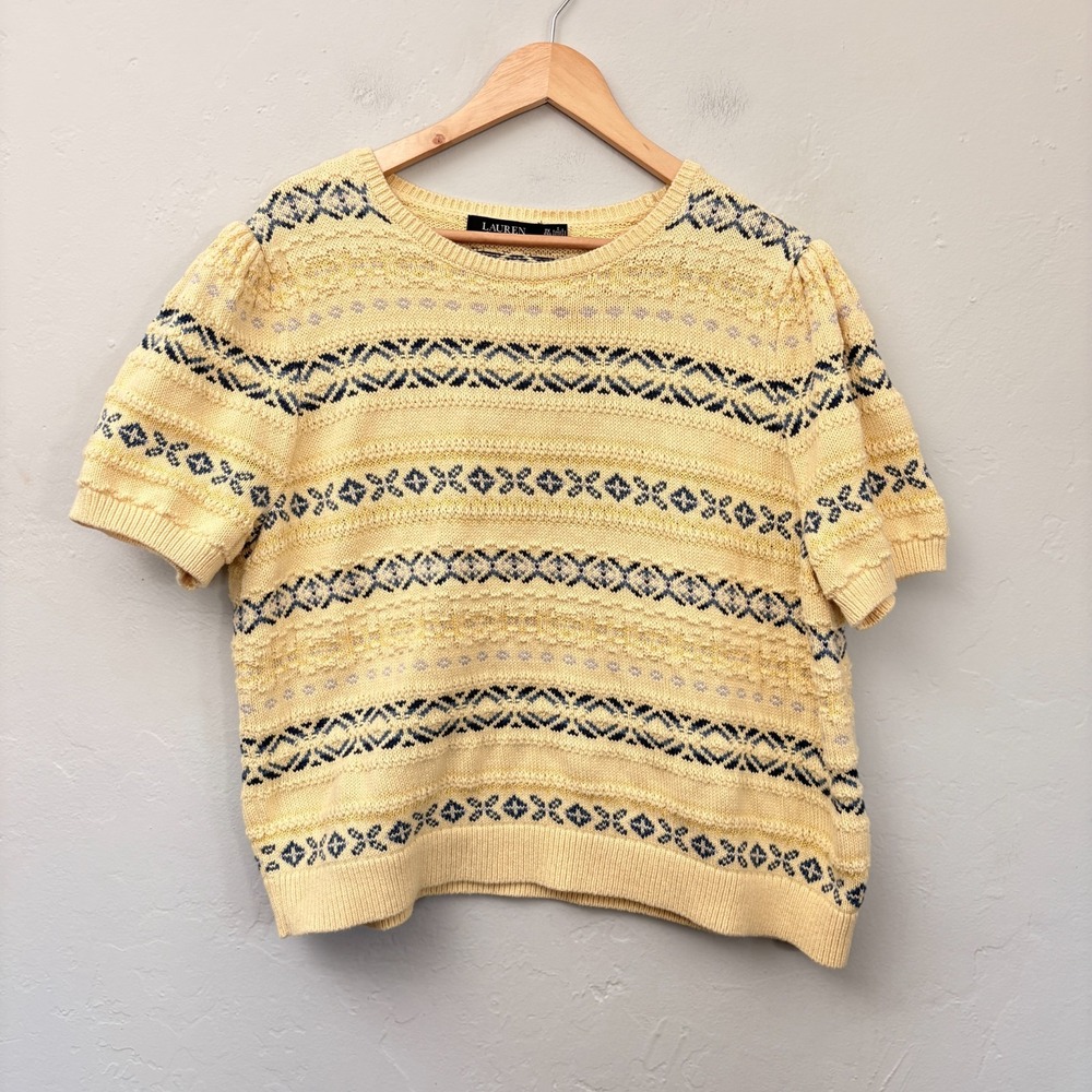 Lauren Ralph Lauren Fair Isle Sweater Women Size 2X Yellow Blue Cotton Linen